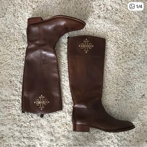Tory Burch Brown Leather Tall Riding Boots with Gold Logo